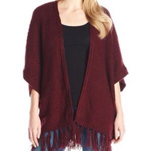 Dee Elly Burgundy Boho Chic Knit Poncho with Fringe